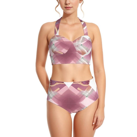 Pink Madras AOP Women's Swimsuit Set With Halter