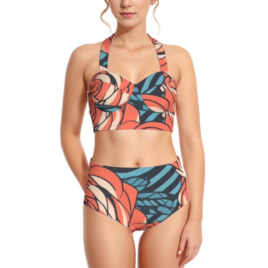 Rose Garden Women's Swimsuit Set With Halter