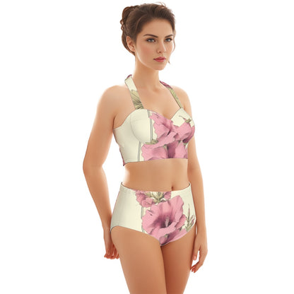 Hibiscus Yellow Women's Swimsuit Set With Halter