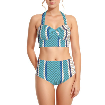 Chevron Blue Women's Swimsuit Set With Halter