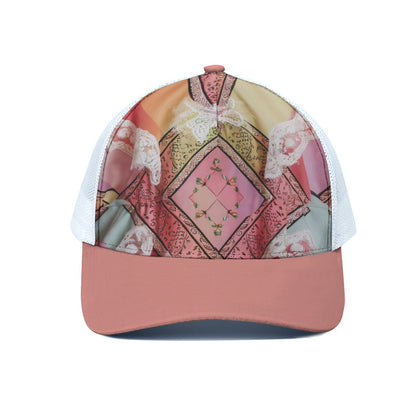 Pink Rosebud Lace Trucker Hat With White Half-mesh