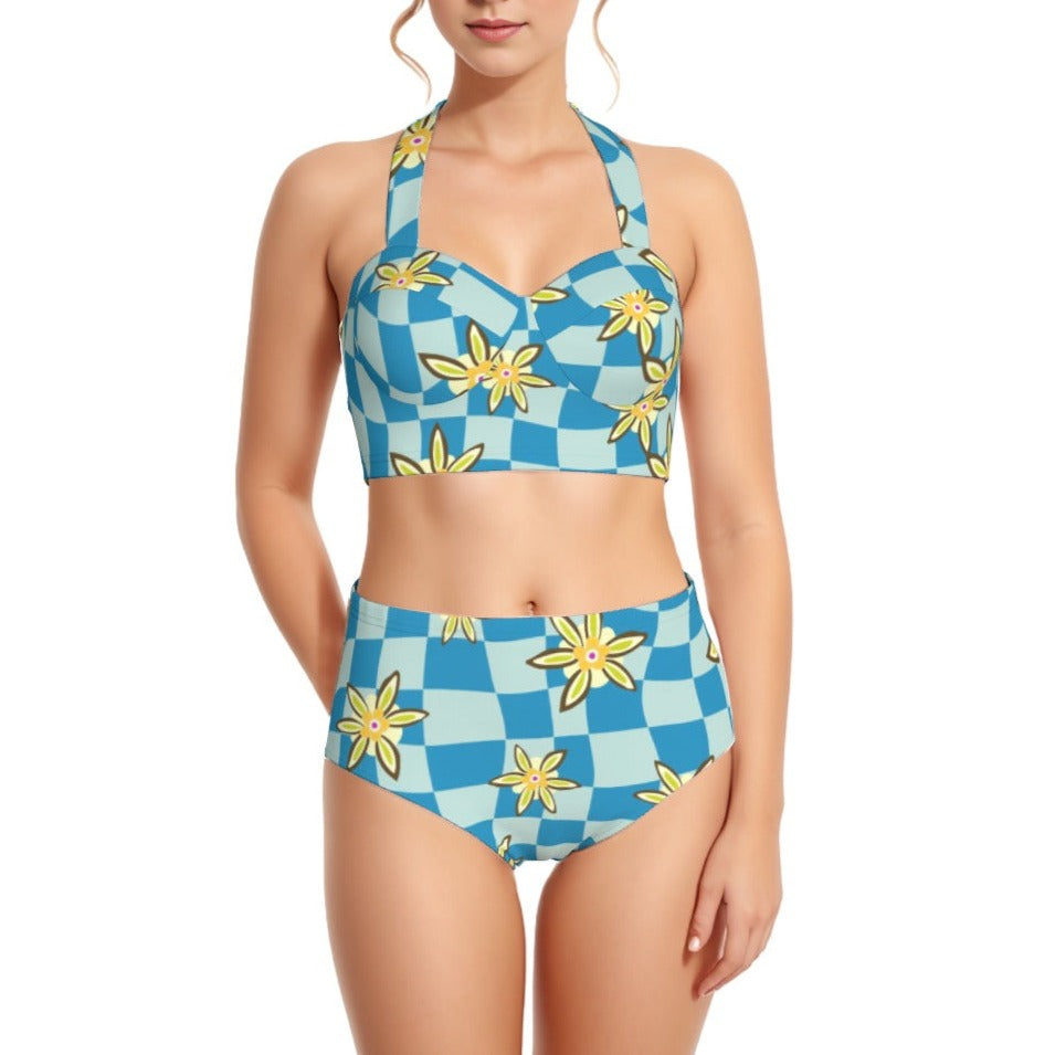 Daisy Check Women's Swimsuit Set With Halter