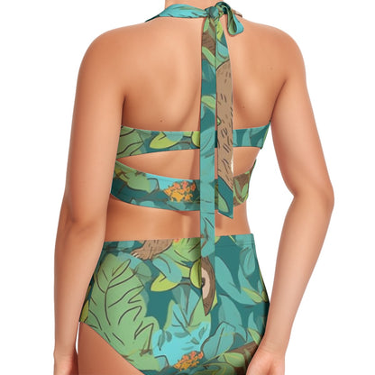 Forest Sloth Women's Swimsuit Set With Halter