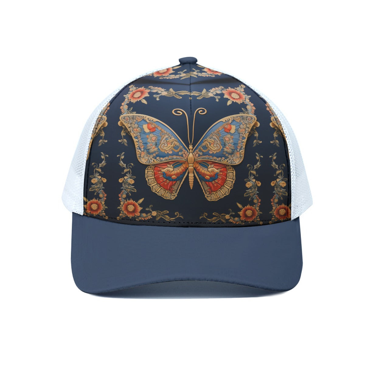 Blue Coral Butterfly Trucker Hat With White Half-mesh