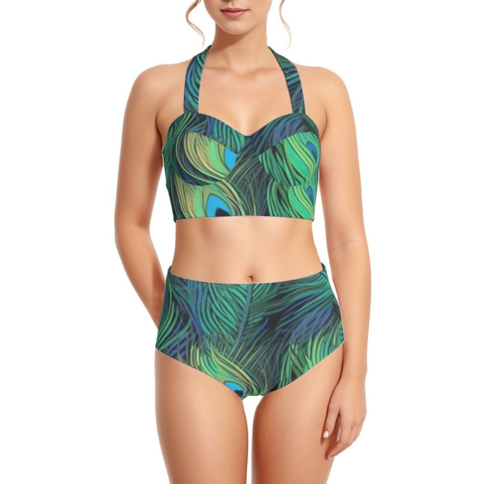 Peacock Feathers Women's Swimsuit Set With Halter