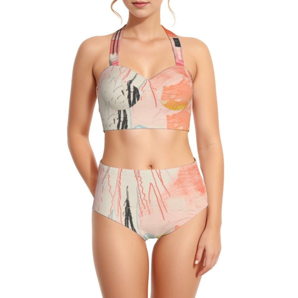 Flamingo Pink Women's Swimsuit Set With Halter