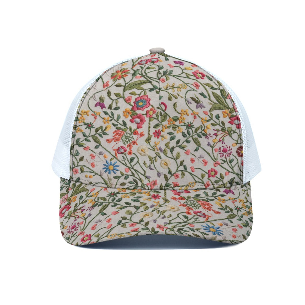 Lattice Flowers Trucker Hat With White Half-mesh