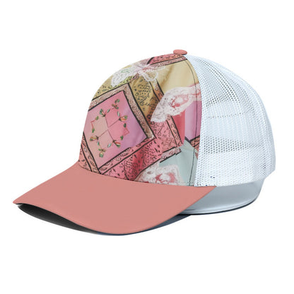 Pink Rosebud Lace Trucker Hat With White Half-mesh