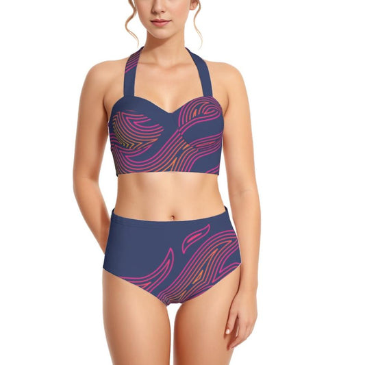 Electric Elegance AOP Women's Swimsuit Set With Halter