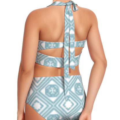 Blue Ecru Women's Swimsuit Set With Halter