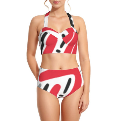 Red & Black Women's Swimsuit Set With Halter