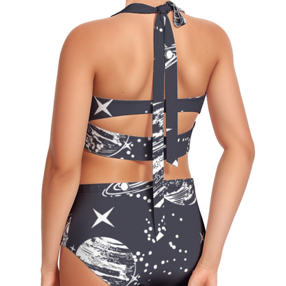 Black Sparks Women's Swimsuit Set With Halter