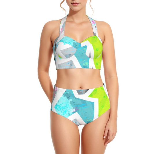 Aqua Green Print Women's Swimsuit Set With Halter