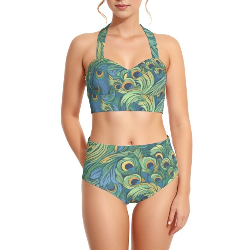 Peacock Plumes Women's Swimsuit Set With Halter