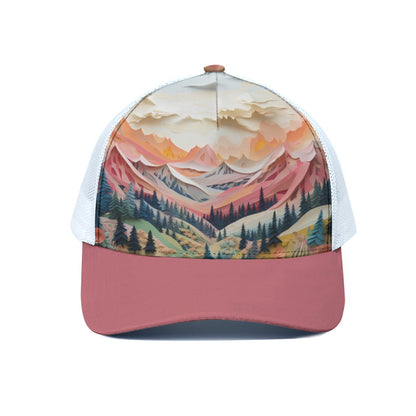 Majestic Mountains Pink Trucker Hat With White Half-mesh