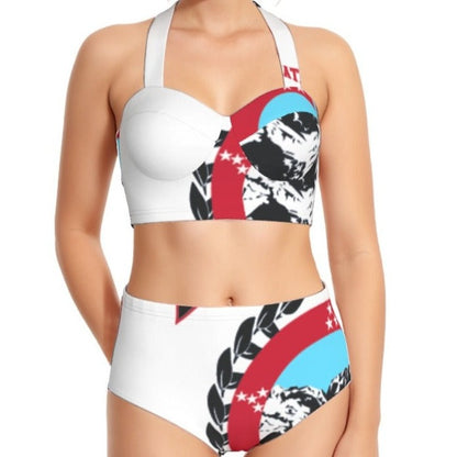 Red White Blue Print Women's Swimsuit Set With Halter