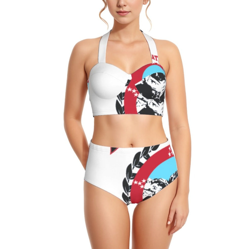 Red White Blue Print Women's Swimsuit Set With Halter