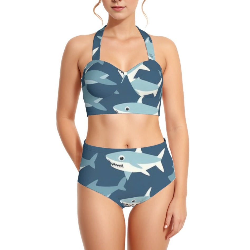 Shark Time Print Women's Swimsuit Set With Halter