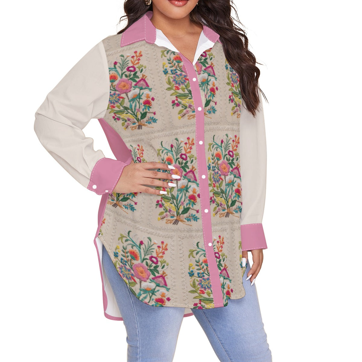 Fushia Embroidery Women's Shirt (Plus Size) AOP