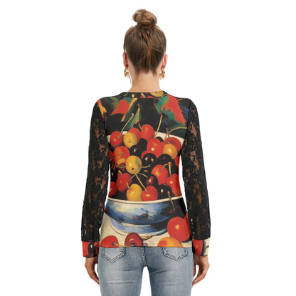 Summer Cherries Women's T-shirt And Sleeve With Black Lace