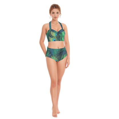 Peacock Feathers Women's Swimsuit Set With Halter