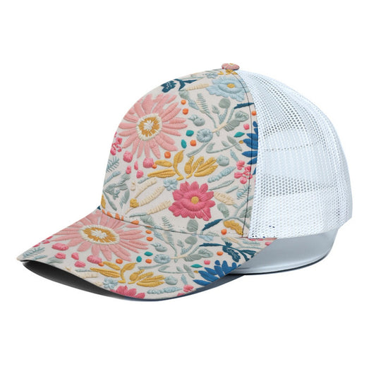 Pink Vintage Petals Trucker Hat With White Half-mesh