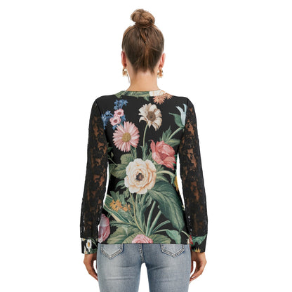 Poppy Fleurs Women's T-shirt And Sleeve With Black Lace