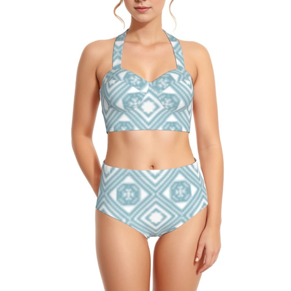 Blue Ecru Women's Swimsuit Set With Halter