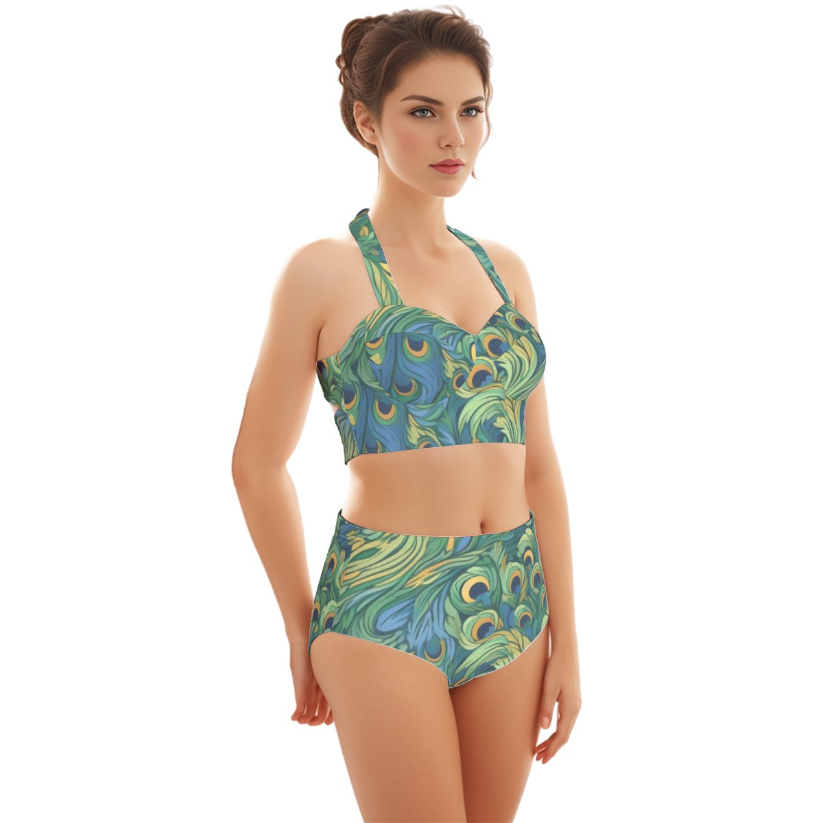 Peacock Plumes Women's Swimsuit Set With Halter