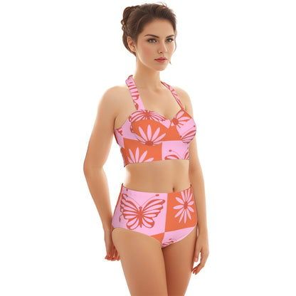 Pink Butterfly Print Women's Swimsuit Set With Halter