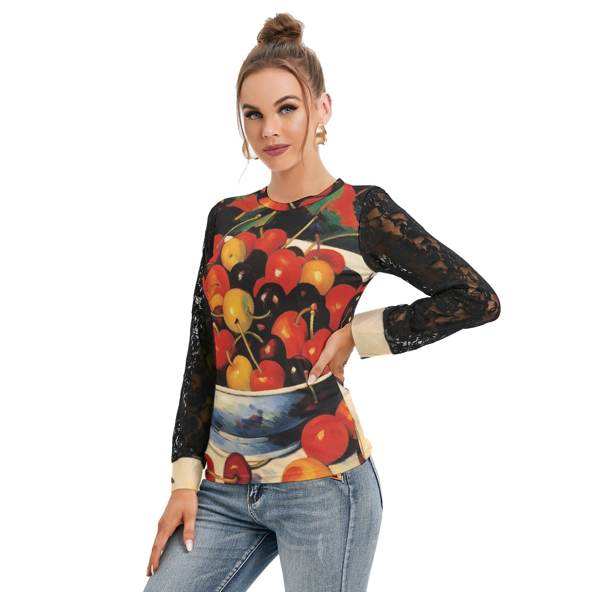 Summer Cherries Women's T-shirt And Sleeve With Black Lace