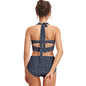 Woven Blue  Print Women's Swimsuit Set With Halter