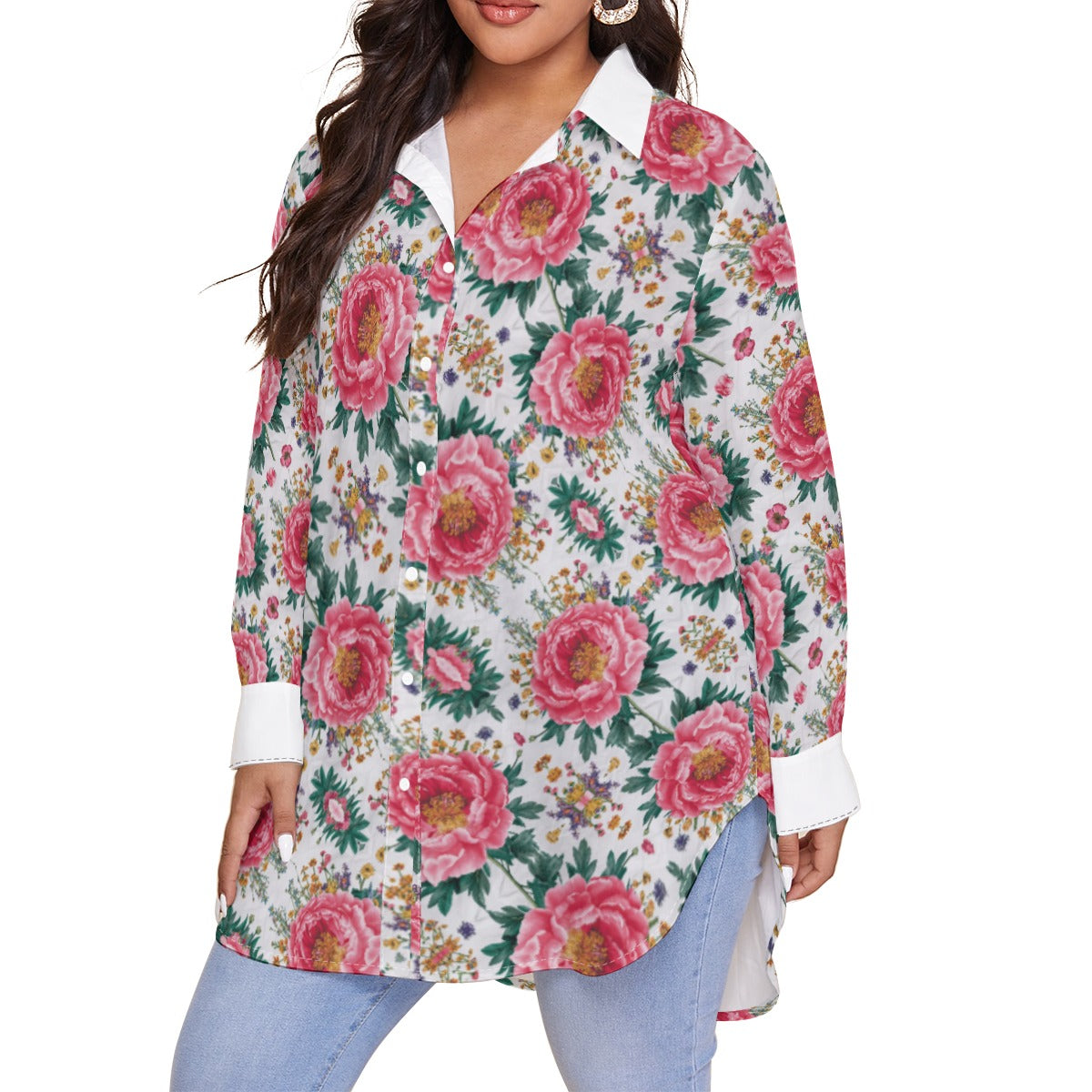 Hot Pink Peony on Bias - Women's Shirt With Long Sleeve(Plus Size)