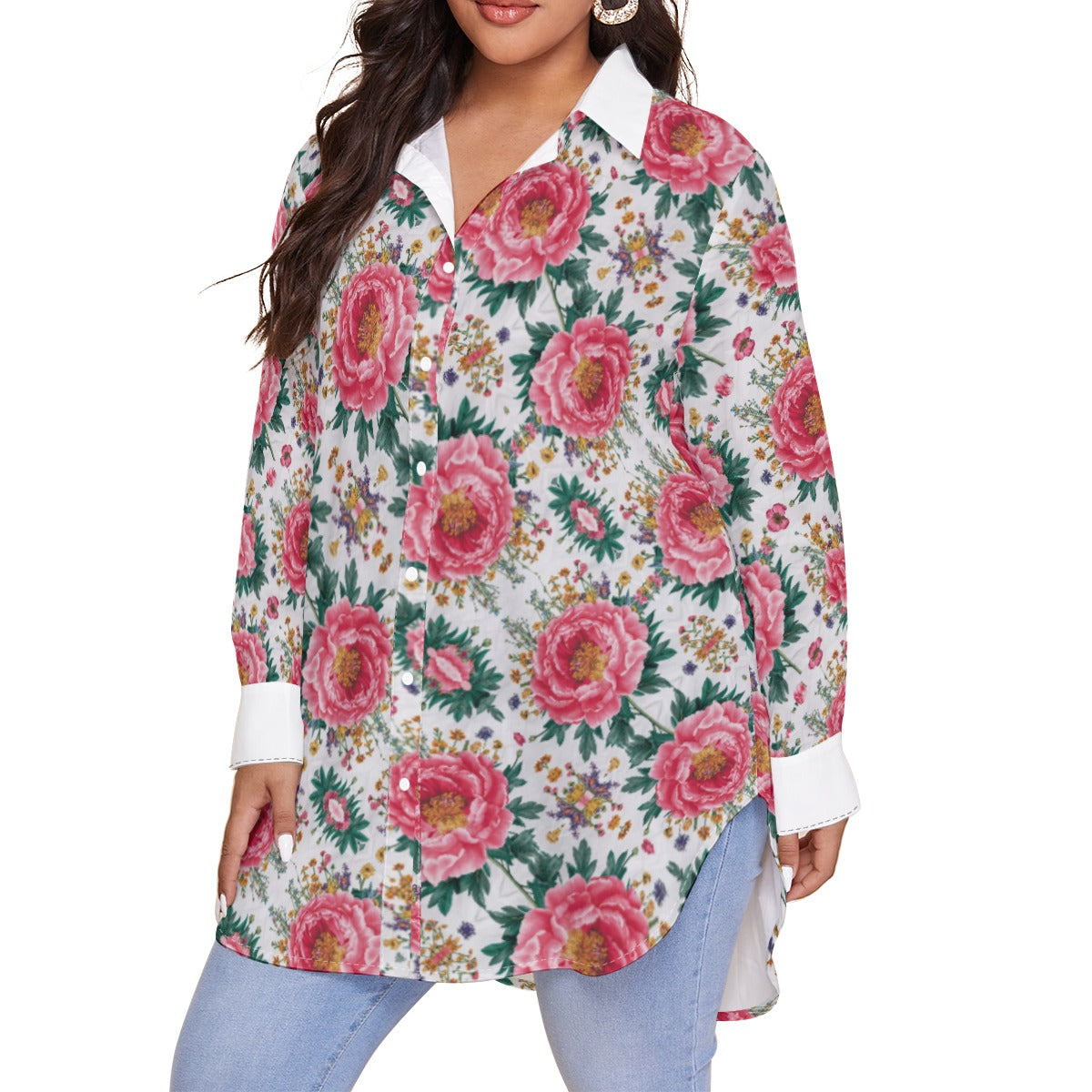 Hot Pink Peony on Bias - Women's Shirt With Long Sleeve(Plus Size) - Spruced Roost