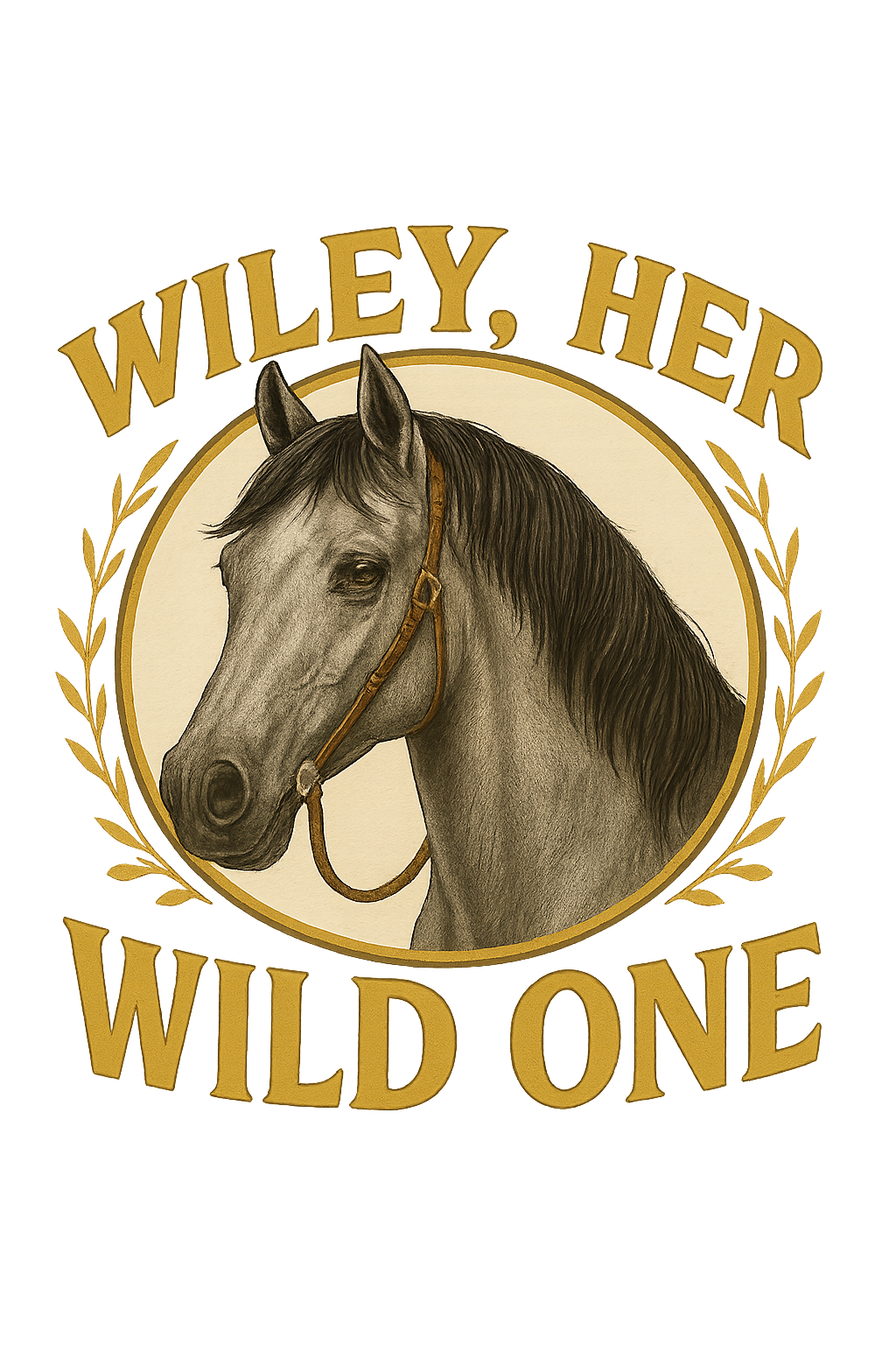 Illustration of a horse's head with 'Wiley, Her Wild One' text on a white background
