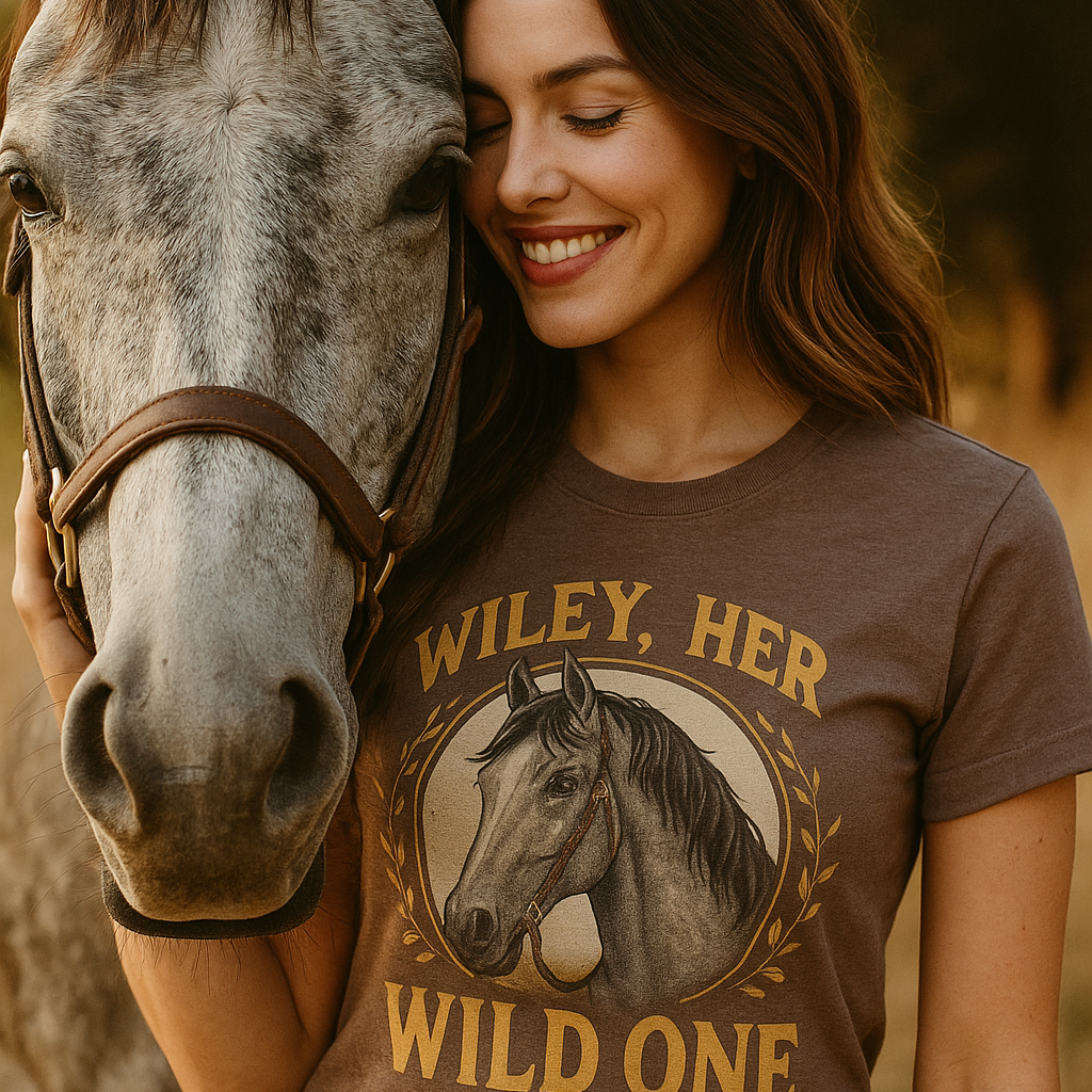 Woman wearing a brown t-shirt with a horse graphic and text, standing next to a horse. Shirt says: "Wiley, Her Wild One"