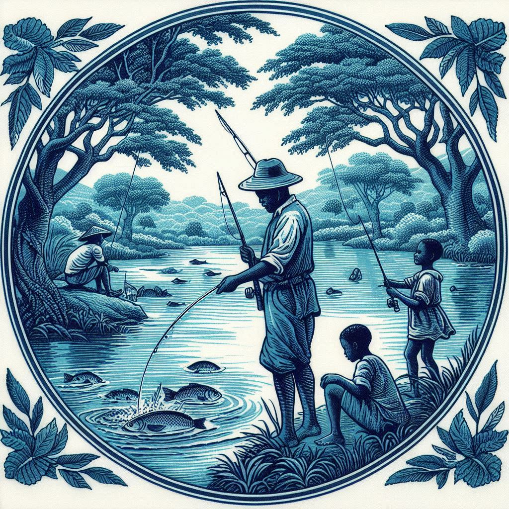 African American Fishing Family Printed Necktie