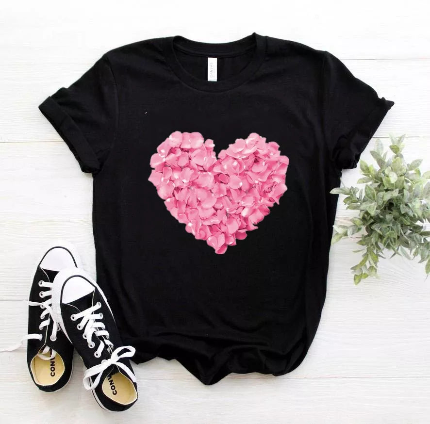 Pink Heart Flower Print Tshirt for Women