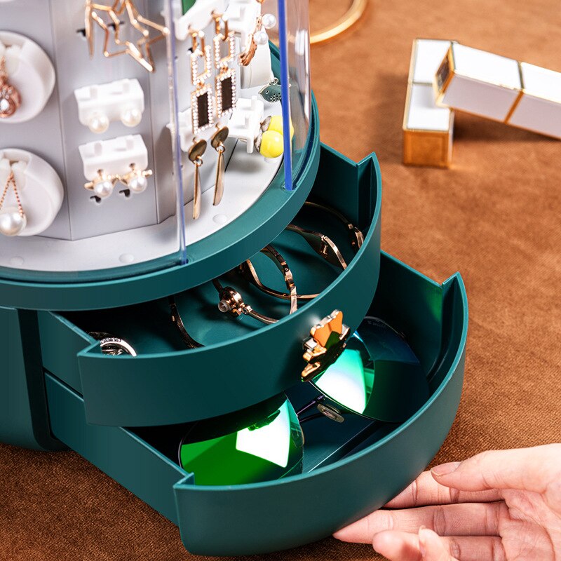 Transparent Rotatable Jewelry Box Dustproof Cover With Drawer Necklace Earrings Display Stand Organizer For Jewelry Storage