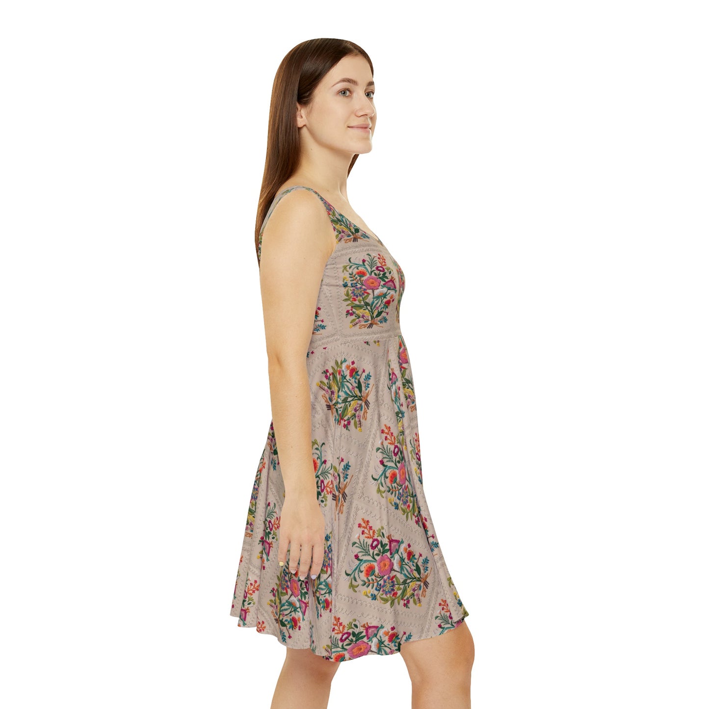 Tan Flowers detail - Women's Skater Tank Dress (AOP)