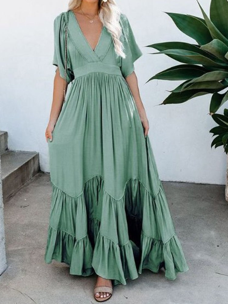 Flounced Edge Maxi Dresses for Women 2022 Maternity Short Sleeve V Neck Sexy Beach Wear Loose Fit Solid Summer Dress High Waist