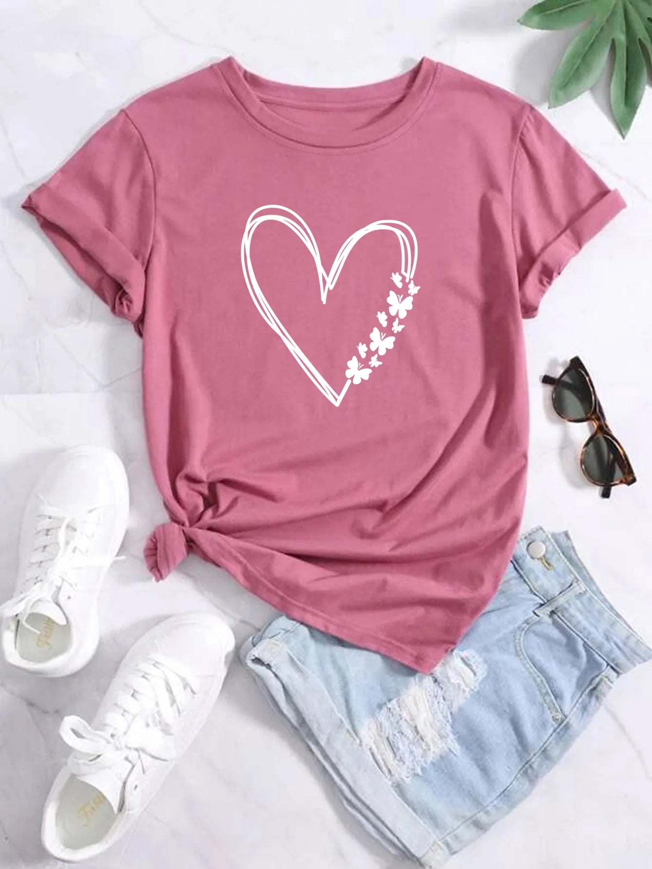 Love Hearts and butterflies  Casual Loose Short Sleeve