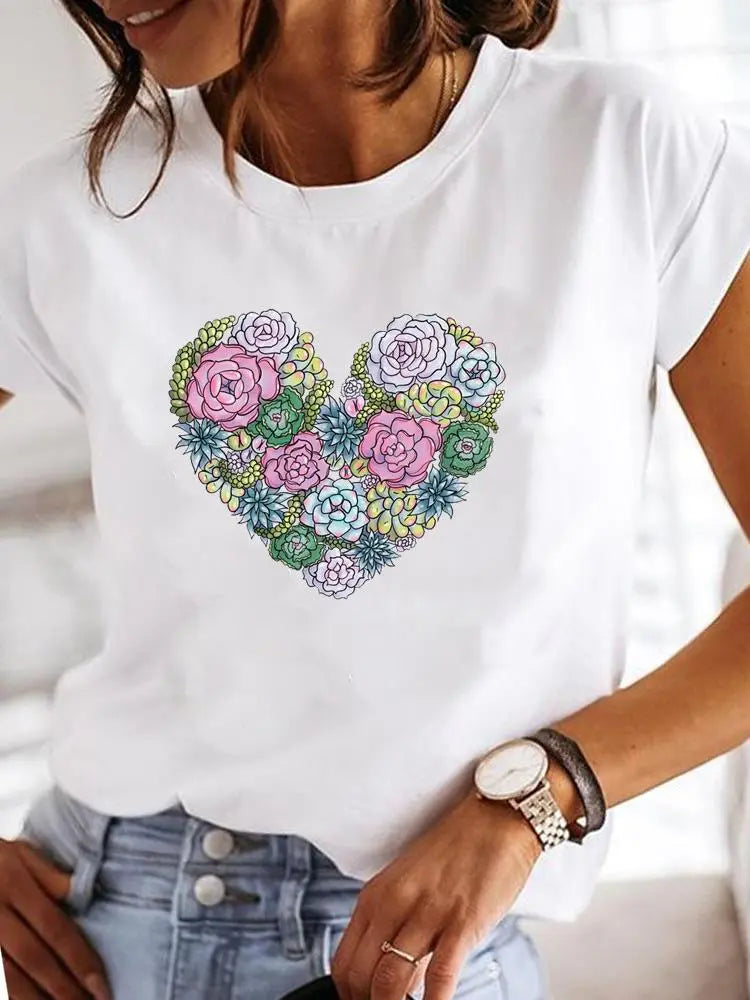 Floral Heart Stack Ladies Fashion Graphic Tee