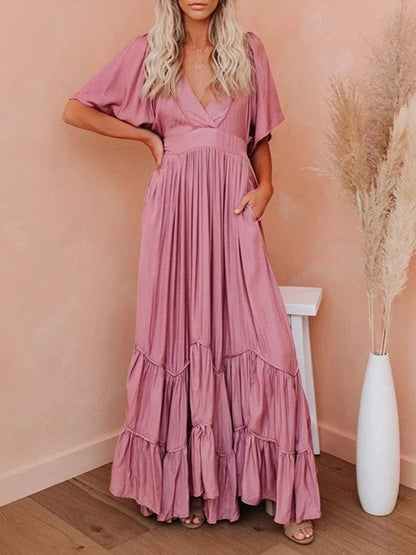 Flounced Edge Maxi Dresses for Women 2022 Maternity Short Sleeve V Neck Sexy Beach Wear Loose Fit Solid Summer Dress High Waist