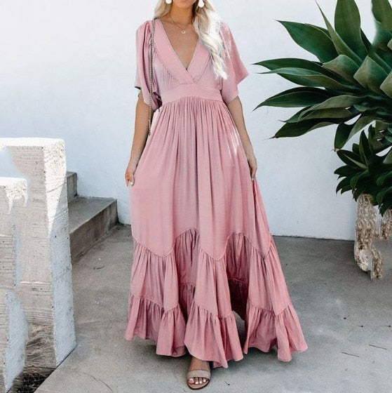 Flounced Edge Maxi Dresses for Women 2022 Maternity Short Sleeve V Neck Sexy Beach Wear Loose Fit Solid Summer Dress High Waist