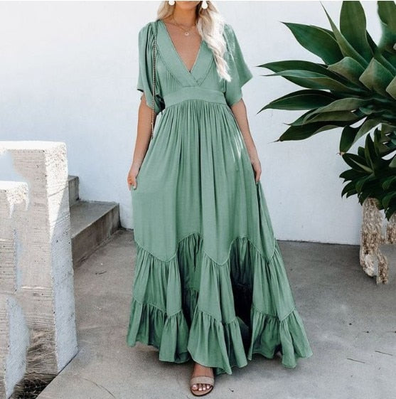 Flounced Edge Maxi Dresses for Women 2022 Maternity Short Sleeve V Neck Sexy Beach Wear Loose Fit Solid Summer Dress High Waist