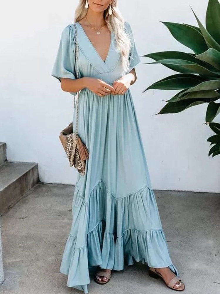 Flounced Edge Maxi Dresses for Women 2022 Maternity Short Sleeve V Neck Sexy Beach Wear Loose Fit Solid Summer Dress High Waist