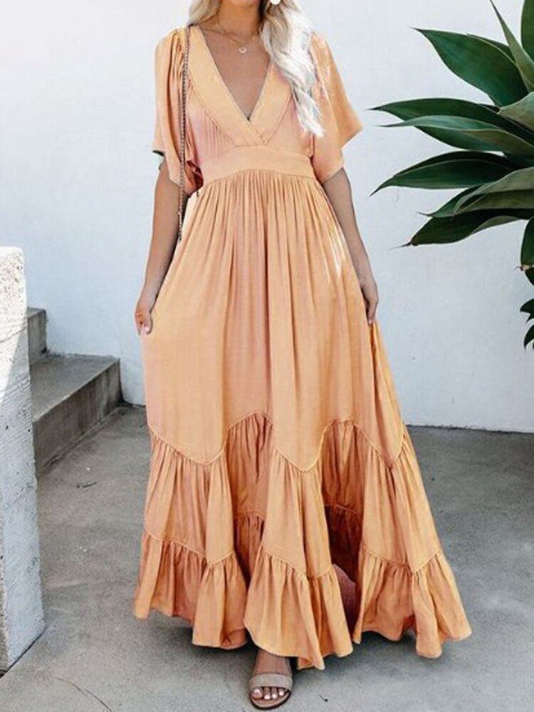 Flounced Edge Maxi Dresses for Women 2022 Maternity Short Sleeve V Neck Sexy Beach Wear Loose Fit Solid Summer Dress High Waist