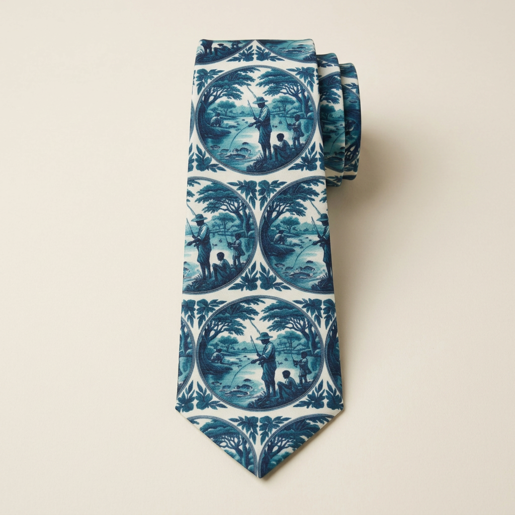 African American Fishing Family Blue Necktie on an ivory background