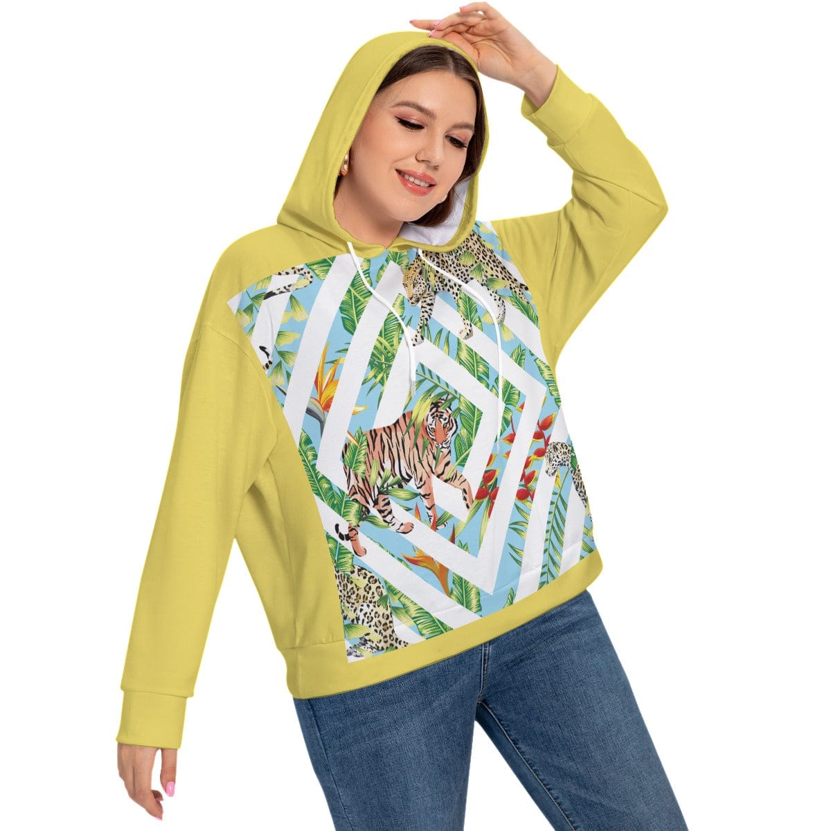 Yoycol 2XL / White All-Over Print Women's Long Sleeve Sweatshirt With Hood(Plus Size)